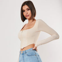 Load image into Gallery viewer, BOOFEENAA Front Zipper Square Neck Long Sleeve Crop Top Vintage Sexy T Shirt Women Clothes Spring 2020 Ladies Tee Shirts C85-H77