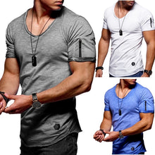 Load image into Gallery viewer, 2020 New V collar T shirt Men Fitness Bodybulding T shirts High Street Summer Short Sleeve Zipper t-shirts tops Plus Size S-5XL