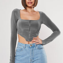 Load image into Gallery viewer, BOOFEENAA Front Zipper Square Neck Long Sleeve Crop Top Vintage Sexy T Shirt Women Clothes Spring 2020 Ladies Tee Shirts C85-H77
