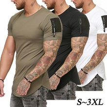 Load image into Gallery viewer, Short Sleeve zipper shoulder streetwear hip hop summer t shirt men Longline curved hem tshirt slim funny t-shirt Plus Size S-3XL
