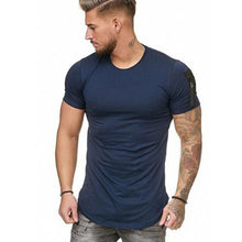 Load image into Gallery viewer, Short Sleeve zipper shoulder streetwear hip hop summer t shirt men Longline curved hem tshirt slim funny t-shirt Plus Size S-3XL
