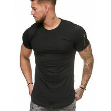 Load image into Gallery viewer, Short Sleeve zipper shoulder streetwear hip hop summer t shirt men Longline curved hem tshirt slim funny t-shirt Plus Size S-3XL
