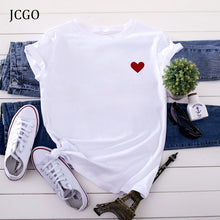 Load image into Gallery viewer, JCGO Summer Cotton Women Heart Print T Shirt S-5XL Plus Size Short Sleeve Tees Tops Casual Simple O-Neck Female TShirts
