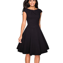 Load image into Gallery viewer, Women Elegant Summer Solid Color Ruched Cap Sleeve Casual Wear To Work Office Party Fitted Skater A-Line Swing Dress EA067
