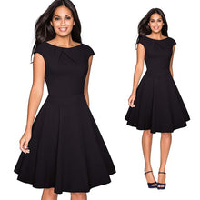 Load image into Gallery viewer, Women Elegant Summer Solid Color Ruched Cap Sleeve Casual Wear To Work Office Party Fitted Skater A-Line Swing Dress EA067
