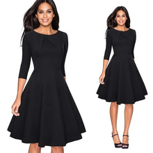 Load image into Gallery viewer, Women Elegant Summer Solid Color Ruched Cap Sleeve Casual Wear To Work Office Party Fitted Skater A-Line Swing Dress EA067
