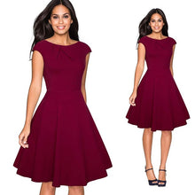 Load image into Gallery viewer, Women Elegant Summer Solid Color Ruched Cap Sleeve Casual Wear To Work Office Party Fitted Skater A-Line Swing Dress EA067
